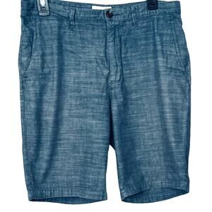 GOODFELLOW CASUAL FLAT FRONT LINDEN SHORTS, MENS, 32, HEATHER BLUE, CHAMBRAY